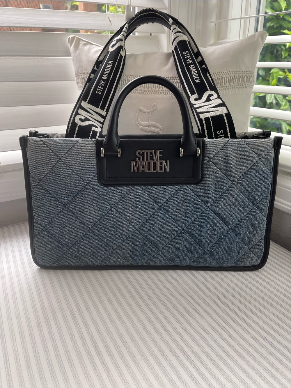 Steve Madden Quilted Denim Tote with Black Trim
